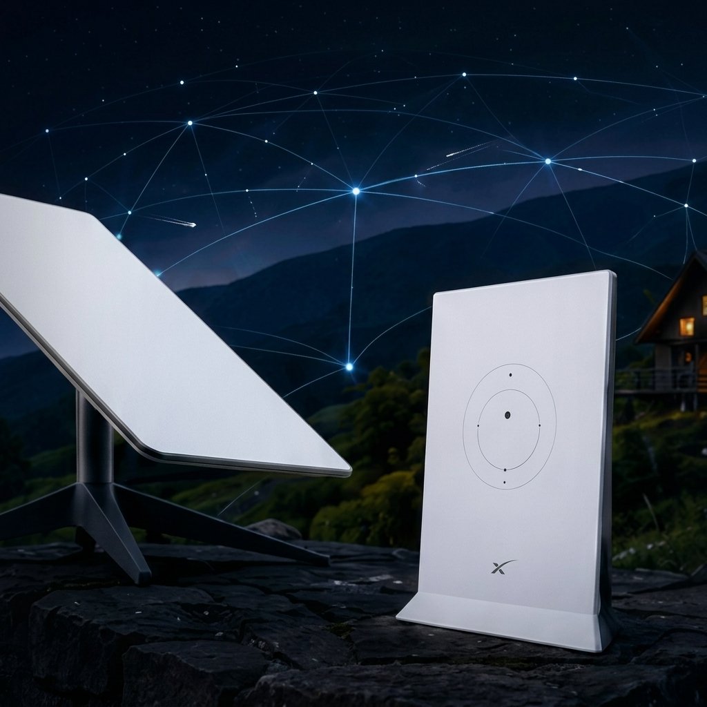 Satellite internet equipment in a rural night landscape