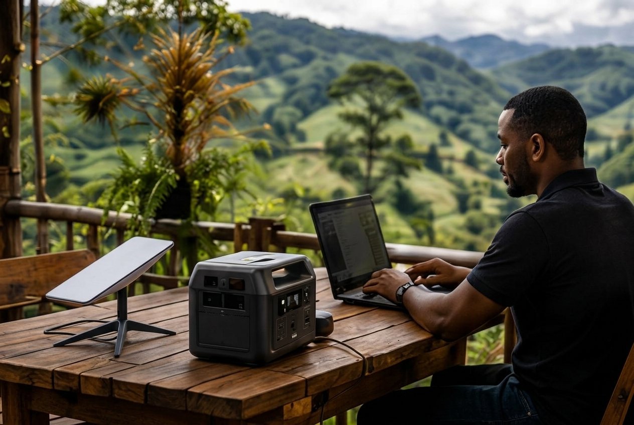 Customer working online with satellite internet and a power station
